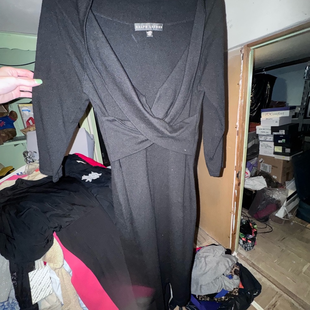 Ralph Lauren Black Long-Sleeve Wrap-Style Midi Dress